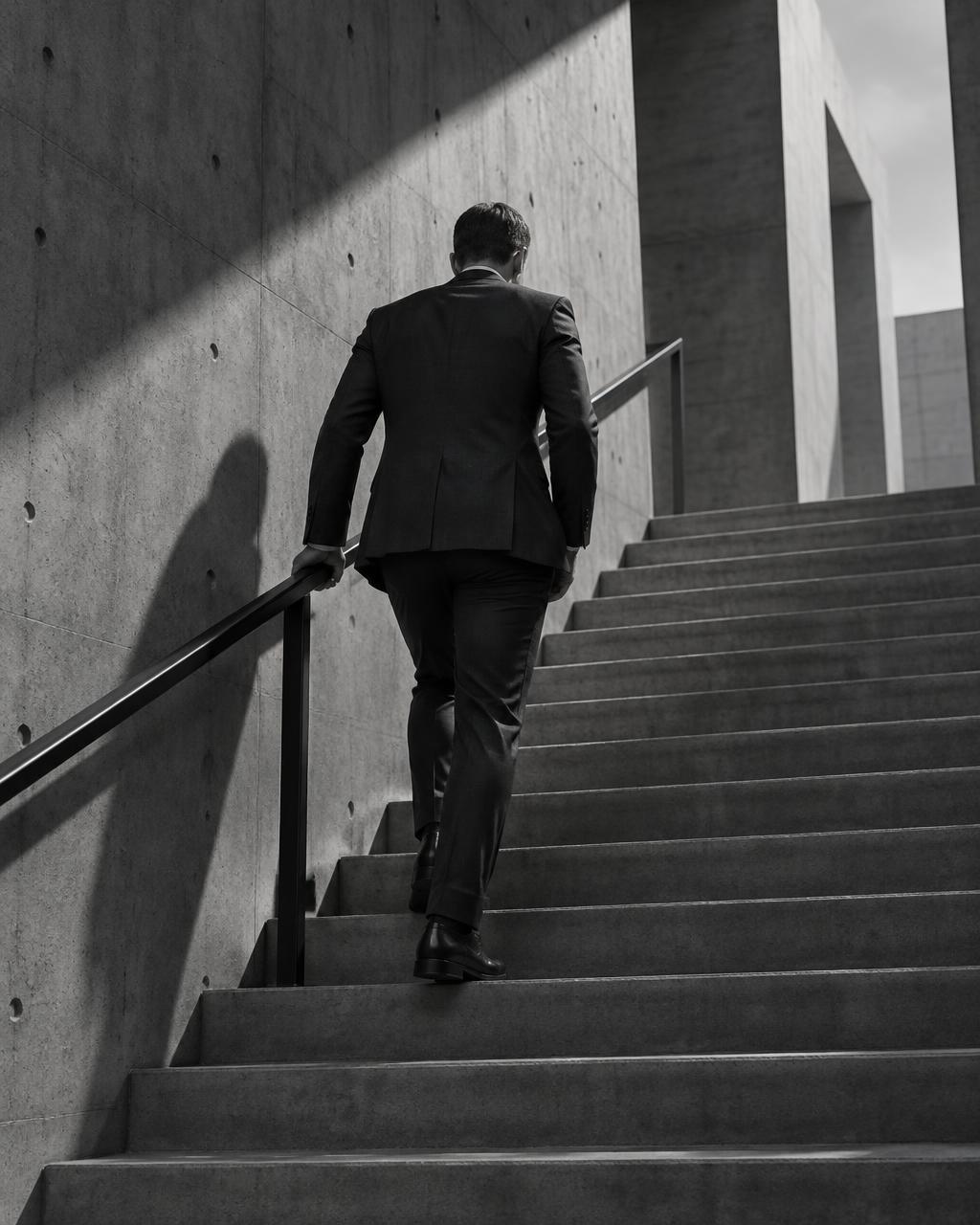 Ejecutivo subiendo escaleras de concreto, visto de espaldas